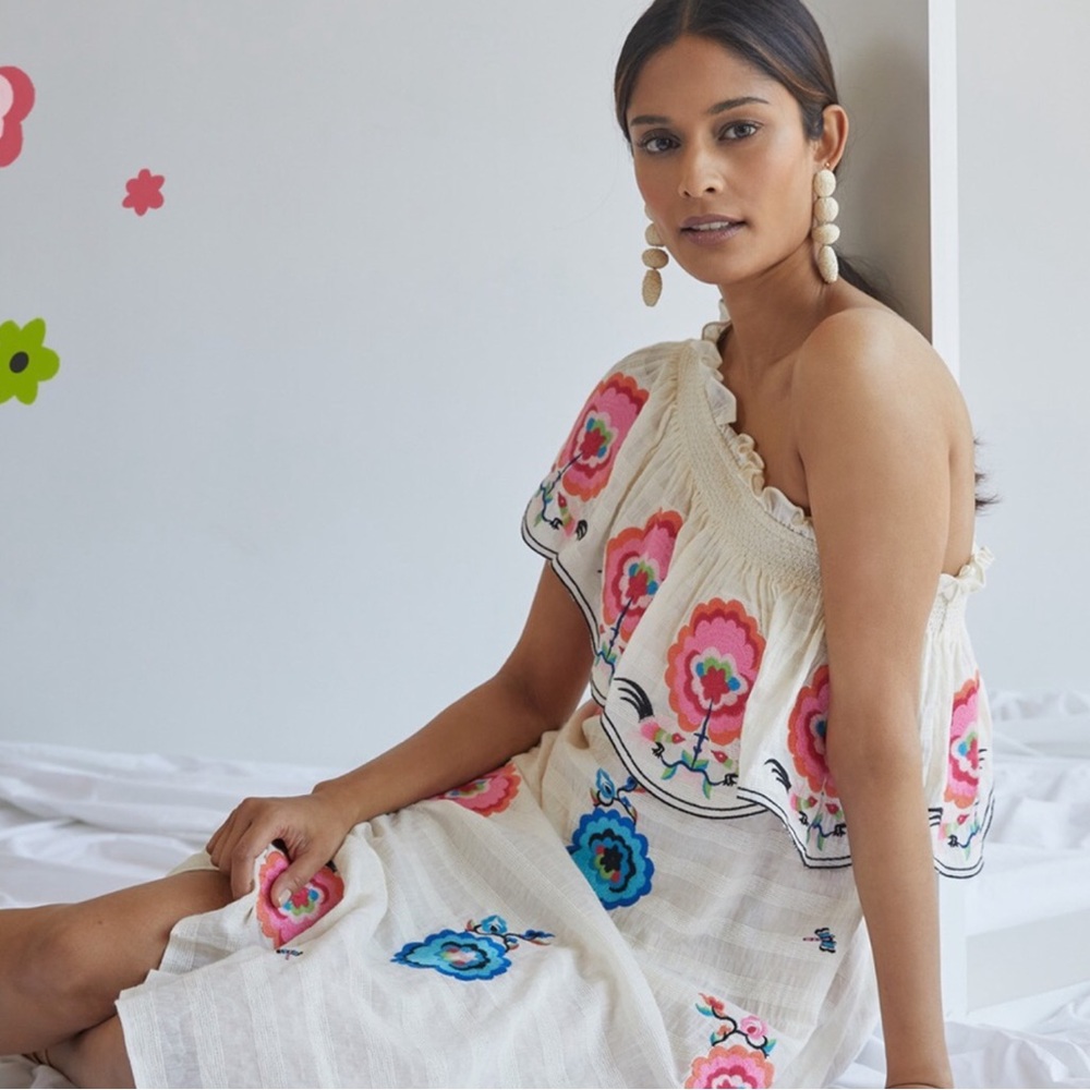 Anthropologie plenty by Tracy Reese embroidered floral one shoulder dress XS